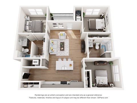 Floor plan for 3 beds, 2 baths, 1174 sqft
